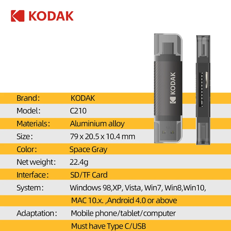 Kodak 4 in 1 Card Reader 2-IN-1 C210 Type C Universal Card Adapter (Parallel Import)