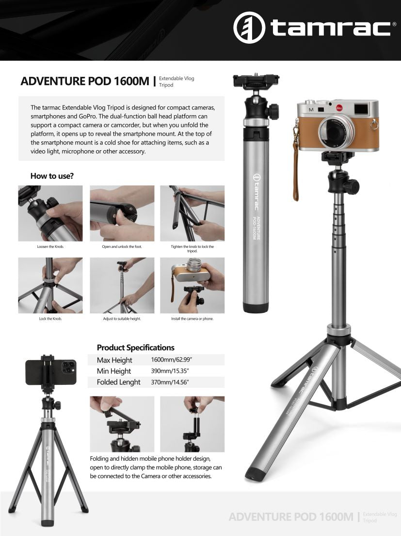 Tamrac Adventure Pod 1600M Extendable Vlog Tripod